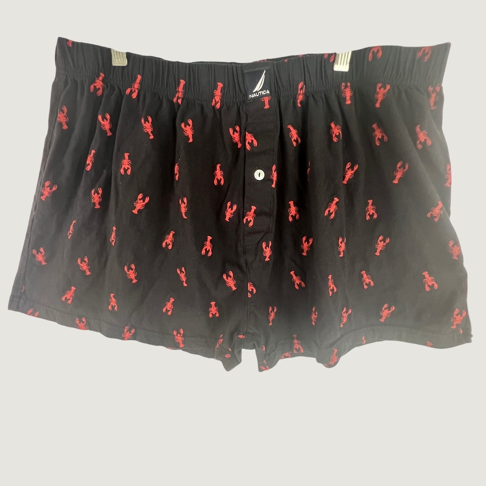 Nautica Mens Boxer Shorts XL Black Red Lobster Print Cotton Underwear Loungewear